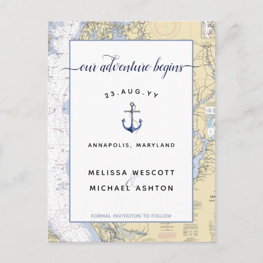 Save the Date Dusty Blue Authentic Nautical Chart Ankündigungspostkarte (Vorderseite)