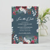 Save The Date. Dusty Blue | Burgundy Bloom Wedding Einladung (Stehend Vorderseite)