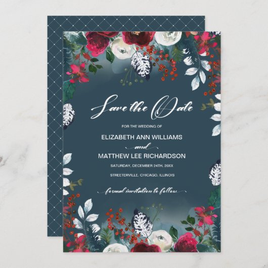 Save The Date. Dusty Blue | Burgundy Bloom Wedding Einladung (Vorne/Hinten)