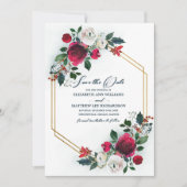 Save The Date. Dusty Blue | Burgundy Bloom Wedding Einladung (Vorderseite)