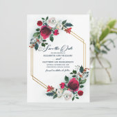 Save The Date. Dusty Blue | Burgundy Bloom Wedding Einladung (Stehend Vorderseite)