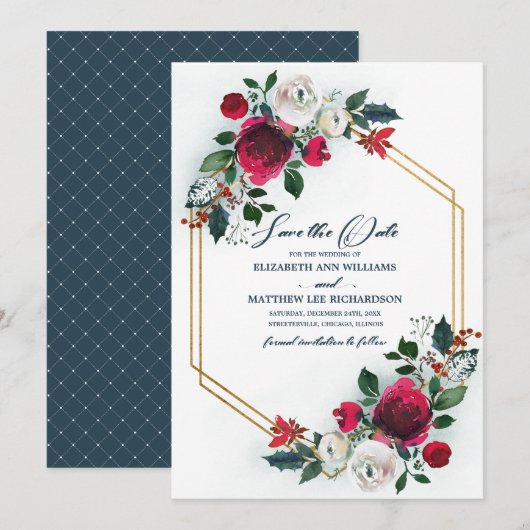 Save The Date. Dusty Blue | Burgundy Bloom Wedding Einladung (Vorne/Hinten)