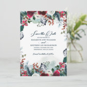 Save The Date. Dusty Blue | Burgundy Bloom Wedding Einladung (Stehend Vorderseite)