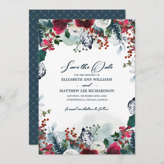 Save The Date. Dusty Blue | Burgundy Bloom Wedding Einladung (Vorne/Hinten)