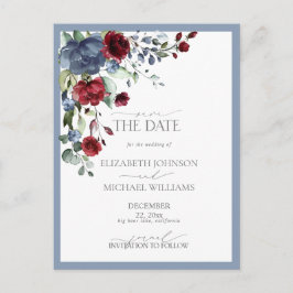 Save the Date Dusty Blue Burgundy Wedding Ankündigungspostkarte