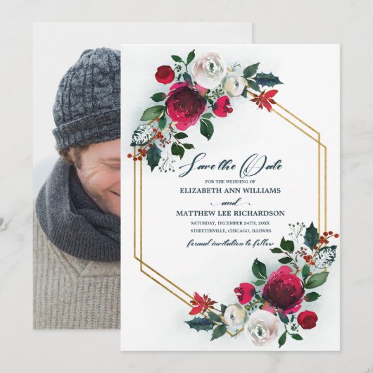 Save The Date. Dusty Blue | Burgundy Wedding Foto Einladung (Vorne/Hinten)