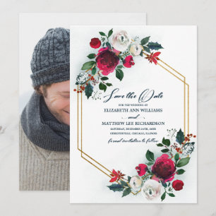 Save The Date. Dusty Blue   Burgundy Wedding Foto Einladung