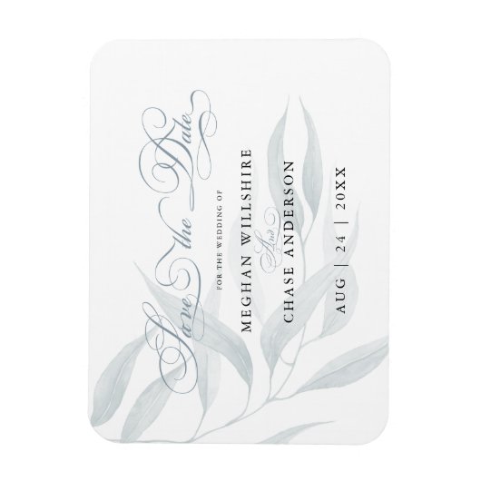 Save the Date Dusty Blue Eucalyptus Blätter White Magnet (Vertikal)
