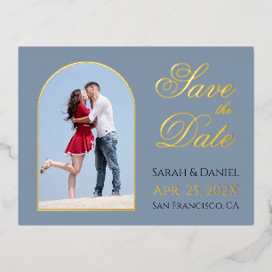 Save the Date Dusty Blue Foto in Arch Gold Script Folie Einladungspostkarte