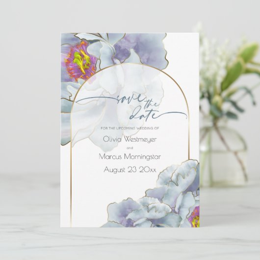 Save The Date | Dusty Blue und Lilac Exotic Floral Einladung (Stehend Vorderseite)