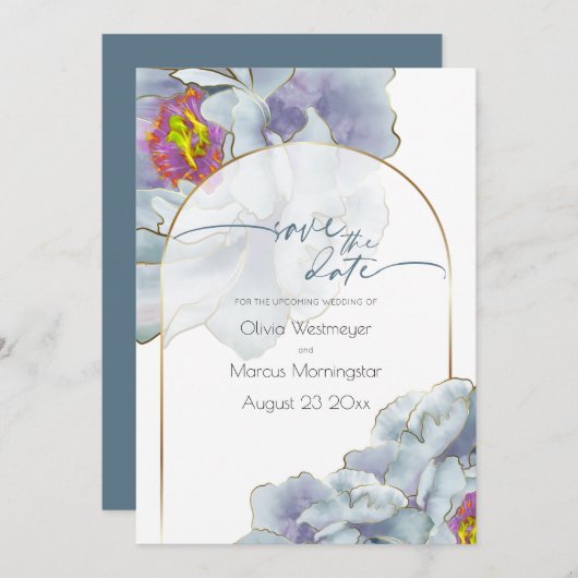 Save The Date | Dusty Blue und Lilac Exotic Floral Einladung (Vorne/Hinten)