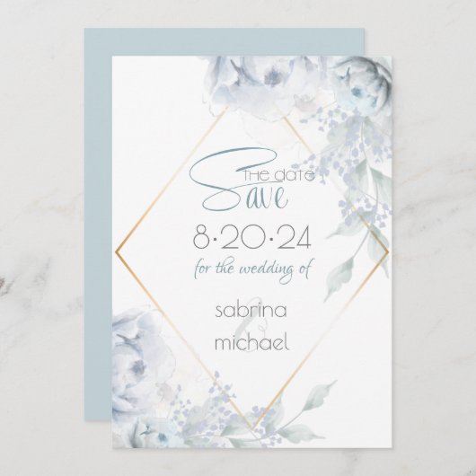 Save The Date | Dusty Blue Watercolor Peonys (Vorne/Hinten)
