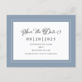 Save The Date | Dusty Blue Wedding Elegantes Scrip Ankündigungspostkarte