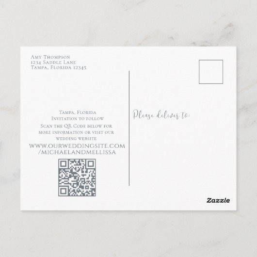 Save the Date Dusty Blue Wedding Foto QR Code Postkarte (Rückseite)