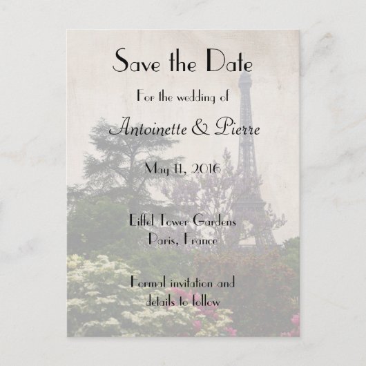 Save the Date, Eiffelturm-Thema Ankündigungspostkarte (Vorderseite)