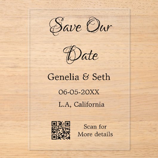 Save the Date einfache minimale QR-Scan-Codedetail Acryleinladungen (Vorderseite)