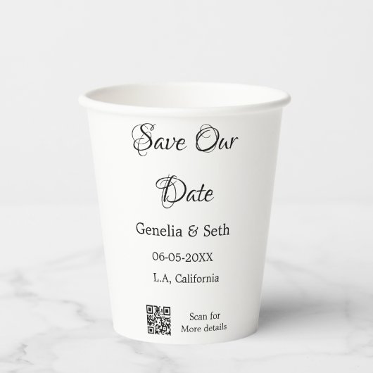 Save the Date einfache minimale QR-Scan-Codedetail Pappbecher (Vorderseite)