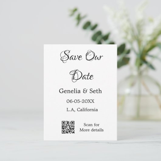 Save the Date einfache minimale QR-Scan-Codedetail Postkarte (Stehend Vorderseite)