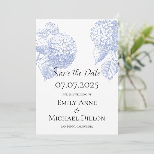 Save the Date Einladung mit Blue Hydrangea (Stehend Vorderseite)