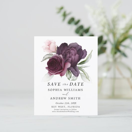 Save the Date Einladung von Burgundy Floral (Stehend Vorderseite)