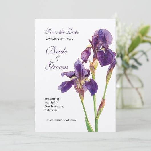 Save the Date - Einladung von Elegant Iris Monogra (Stehend Vorderseite)