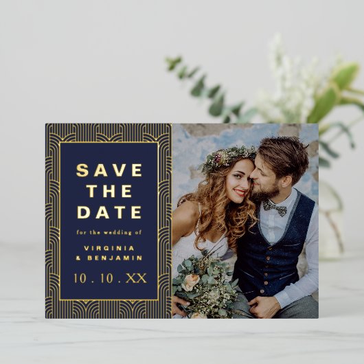 Save the Date Einladung von Navy Gold Foil (Stehend vorne)