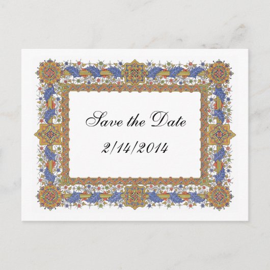 Save the Date elegant Barock Blue Gold Custom Ankündigungspostkarte (Vorderseite)