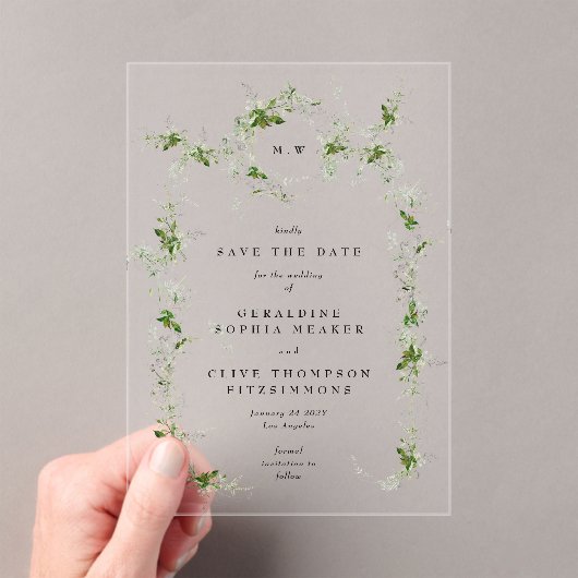 Save the Date Elegant Eucalyptus Wreath Monogram Acryleinladungen (Insitu (Handheld))