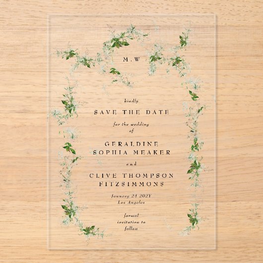 Save the Date Elegant Eucalyptus Wreath Monogram Acryleinladungen (Vorderseite)