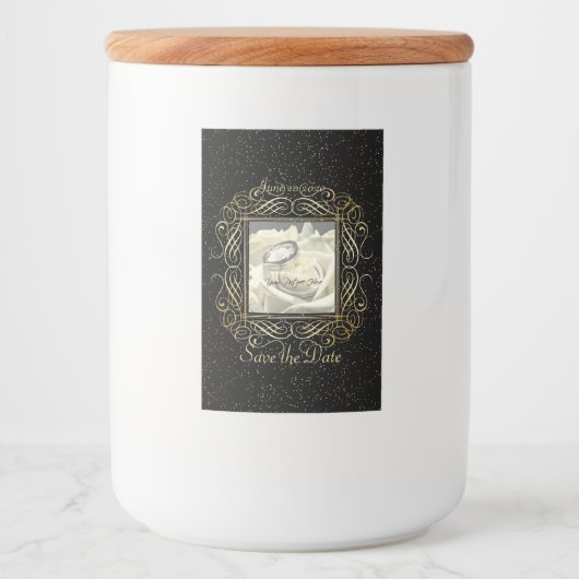 Save the Date Elegant Gold Foil Dots Script Lebensmitteletikett (Vorderseite)