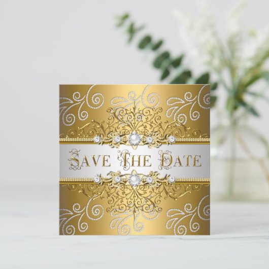 Save the Date Elegant Gold Silver Lace Diamond (Stehend Vorderseite)