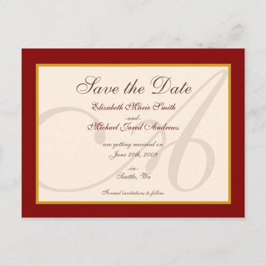 Save the Date Elegant Monogram Burgundy Postkarte (Vorderseite)