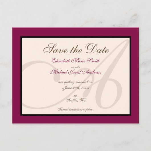 Save the Date Elegant Monogram Maroon Postcard Ankündigungspostkarte (Vorderseite)
