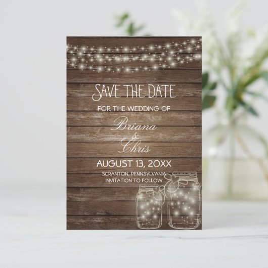 Save the Date elegant Rustic Mason Jar Lights (Stehend Vorderseite)