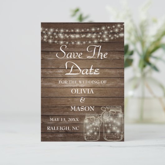Save the Date elegant Rustic Mason Jar Lights (Stehend Vorderseite)