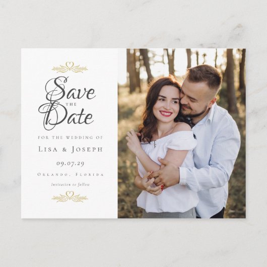 Save the Date Elegant Wedding Script Foto Postkarte (Vorderseite)