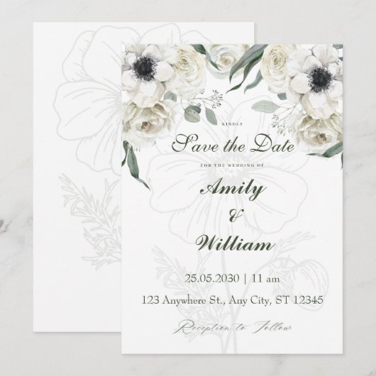 Save the Date | Elegant White Florals Einladung (Vorne/Hinten)