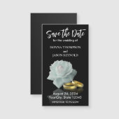 Save the Date Elegant White Rose Gold Rings Script Magnetkarte (Vorne/Hinten)