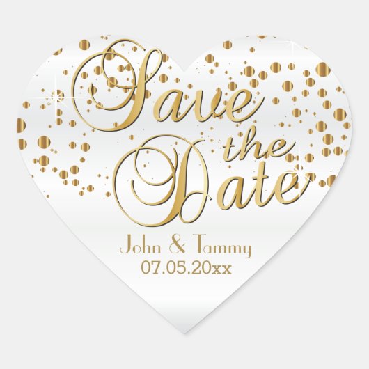 Save The Date | Elegante Gold Confetti Dots Herz-Aufkleber (Vorderseite)