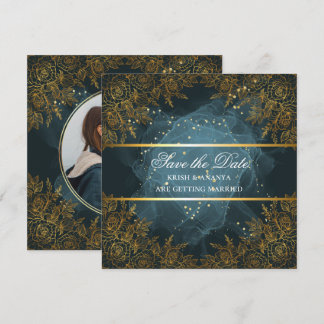 Save the Date, Elegante Hochzeit in Blau und Schwa Einladung