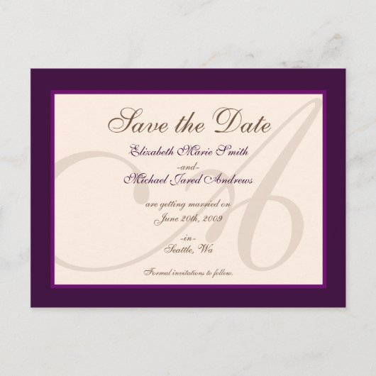 Save the Date Elegante Monogramm Lila Postkarte (Vorderseite)