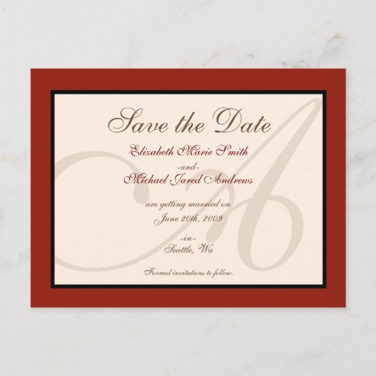 Save the Date Elegante Monogramm Rote Postkarte (Vorderseite)