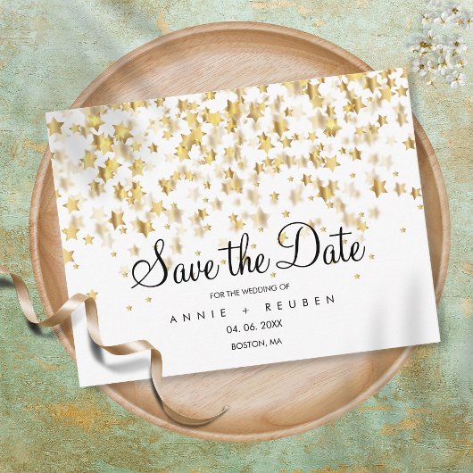 Save the Date Elegante Script Gold Stars Postkarte