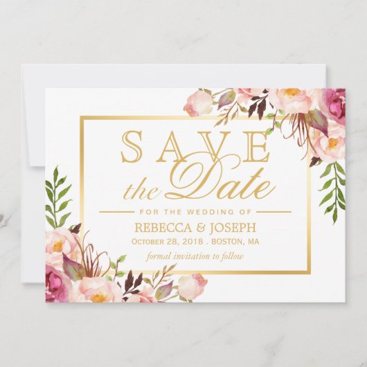 Save the Date eleganter, rosafarbener, floraler Go (Vorderseite)