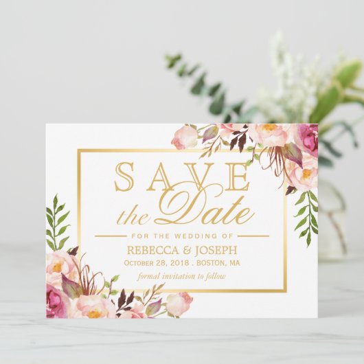 Save the Date eleganter, rosafarbener, floraler Go (Stehend Vorderseite)