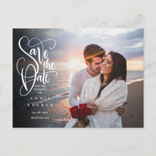 Save the Date Eleganter Script Foto QR Code Postkarte (Vorderseite)