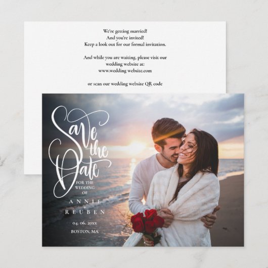 Save the Date Eleganter Script Foto QR Code Postkarte (Vorne/Hinten)