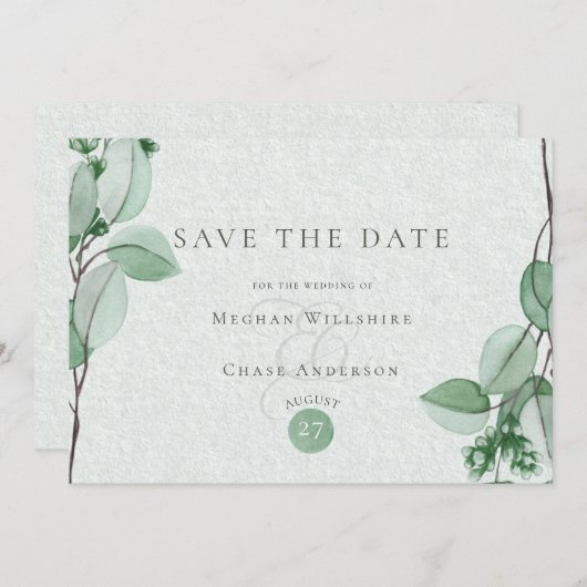 Save The Date | Eleganter Wasserfarbe Eukalyptus (Vorne/Hinten)