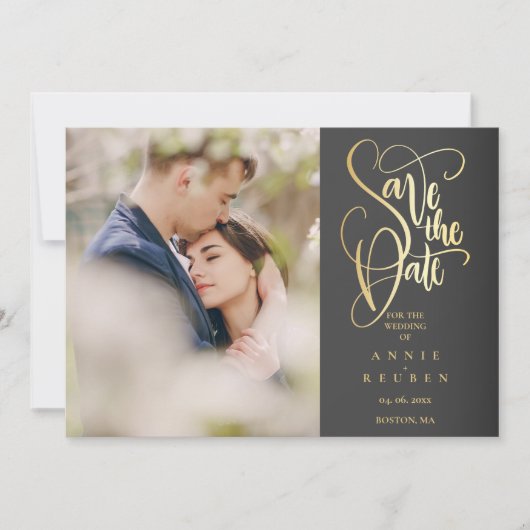 Save the Date Elegantes Chic Gold Script Foto Einladung (Vorderseite)