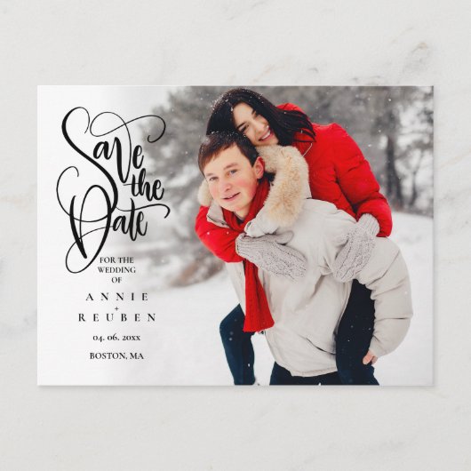 Save the Date Elegantes Script Foto Einfach Postkarte (Vorderseite)